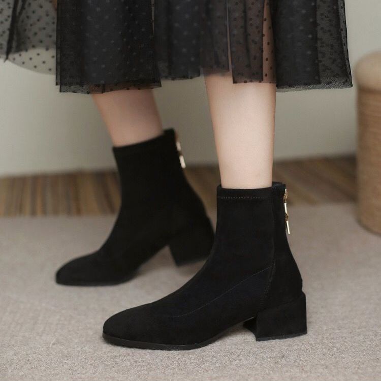 Giày Bốt martin Da Lộn Gót Dày Thoáng Khí Phối Khóa Kéo Sau Phong Cách Anh Quốc Thời Trang Thu Đông 2023