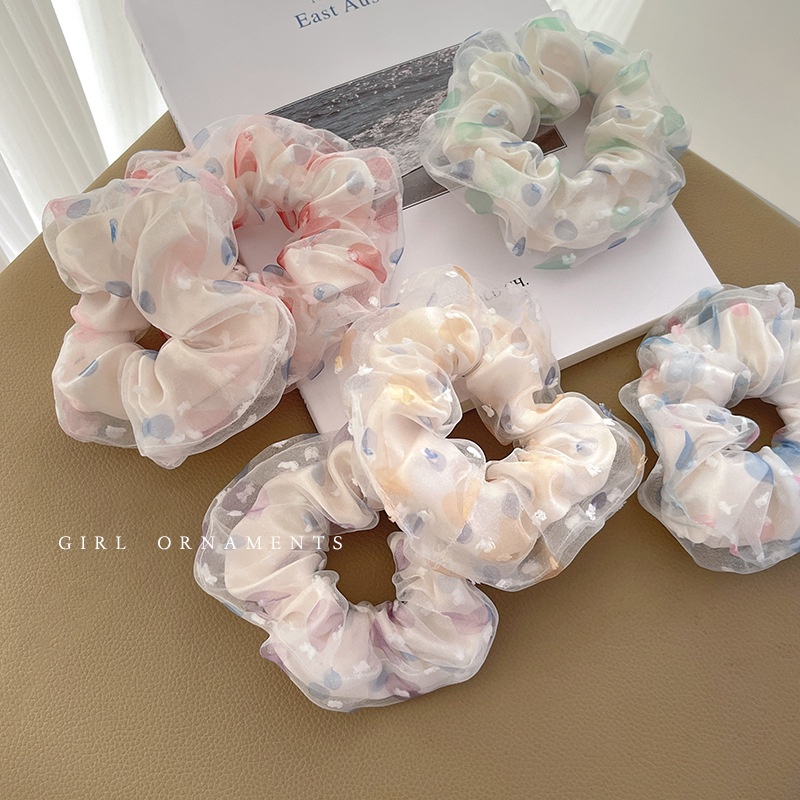 Cột tóc vải scrunchies 2 lớp vải voan xốp chấm bi màu sắc S53