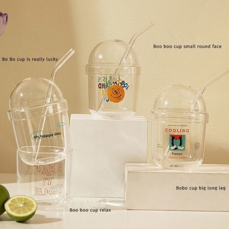 Bình Nước Thủy Tinh Cỡ Lớn Có Nắp Và Ống Hút Họa Tiết Hoạt Hình Dễ Thương Cho Bé Gái