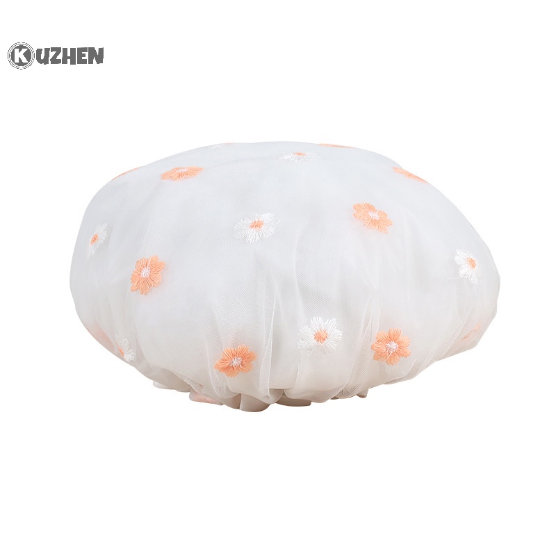 Mũ tắm KUZHEN hai lớp dày dặn thêu hoa chống nước và dầu cho phòng tắm/ spa