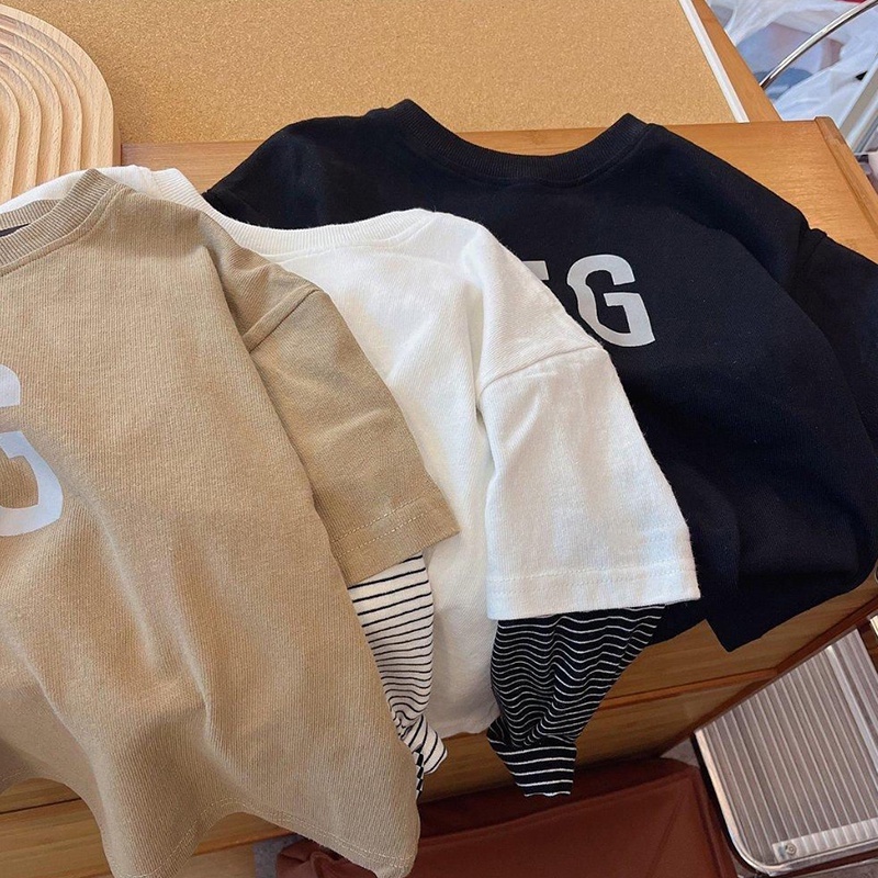 Áo Thun cotton Giả Hai Lớp Tay Dài Màu Trơn In Chữ Thời Trang Mùa Thu Hàng Mới Dành Cho Trẻ Em