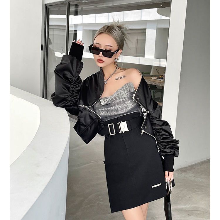 Đen Áo Khoác Bóng Chày Tay Dài Dáng Rộng Có Khóa Kéo Thời Trang Mùa Thu 2023 Cho Nữ