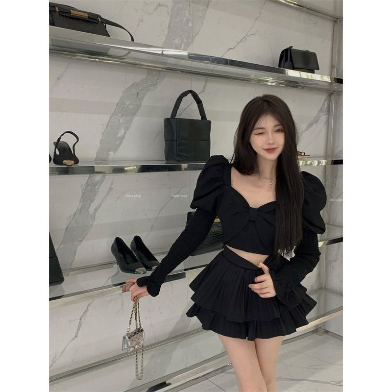 Bộ Áo Sơ Mi Tay Dài Dáng Ôm + Chân Váy Xếp Ly Lưng Cao Thời Trang Mùa Thu Cho Nữ