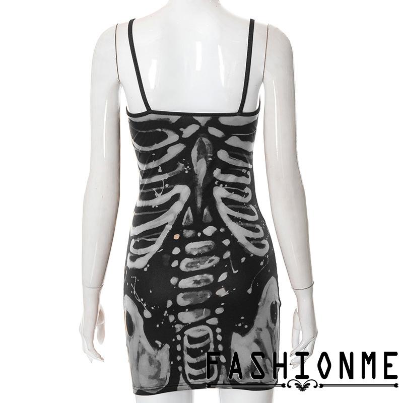 Đầm Body Hai Dây Họa Tiết Xương Người Hóa Trang halloween Cho Nữ