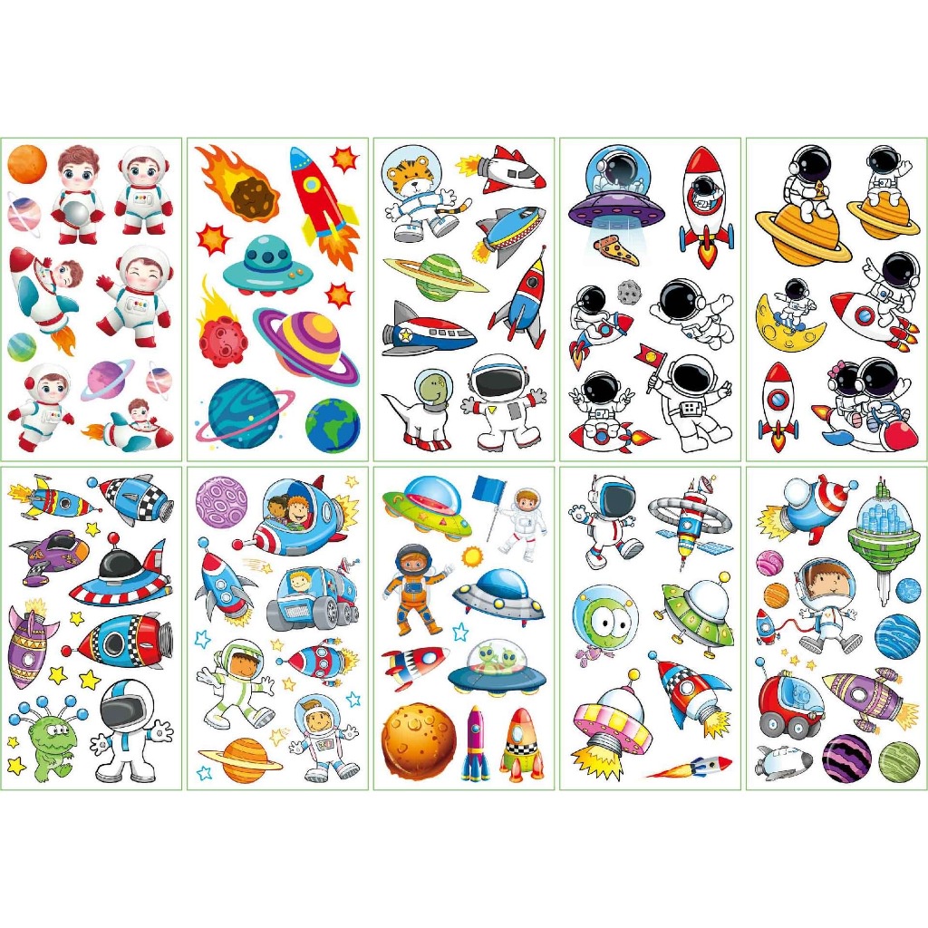 10 Miếng Hình Xăm Tạm Thời Sáng Bóng Màu Sắc Cho Bé Trai Bé Gái Với Hình Ảnh Kỳ lân, Phi hành gia, Động vật Chống Nước