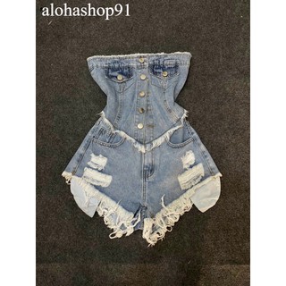 Set áo ống jeans vạt nhọn + quần đùi jean rách túi lòi xanh - alohashop91