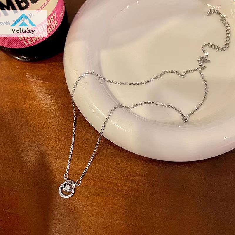 Velishy Vòng cổ Mặt Tròn Đính Đá zircon Màu Bạc Đơn Giản Dễ Phối Đồ Thời Trang Cho Nữ