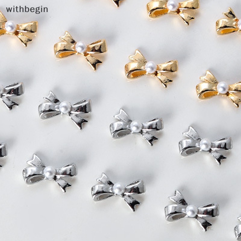 Bộ 10 Phụ Kiện Trang Trí Móng Tay Hình Nơ 3d mini Bằng Kim Loại Đính Đá Và Ngọc Trai Xinh Xắn