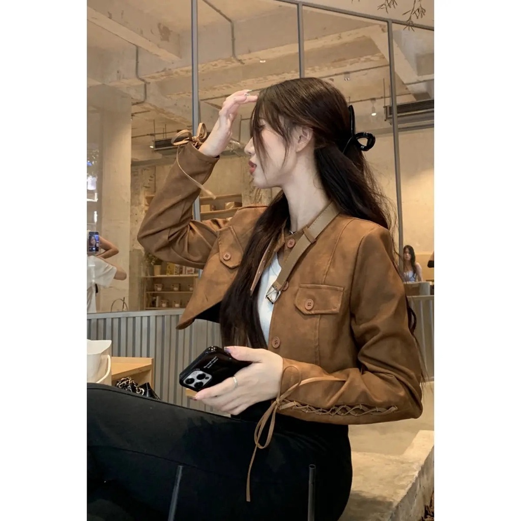 Áo Khoác Da cardigan Dáng Ngắn Phong Cách retro Mỹ Thời Trang Thu Đông Dành Cho Nữ