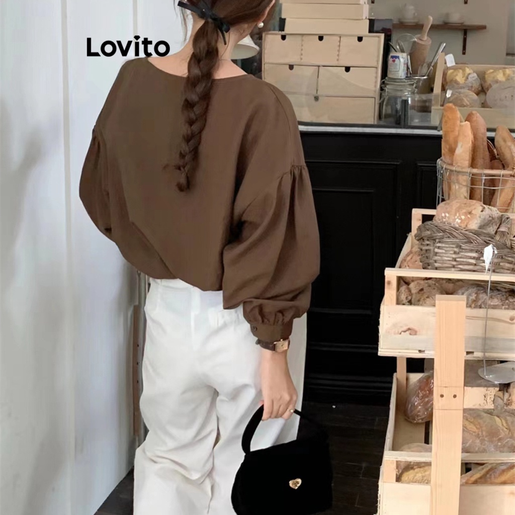 Lovito Áo kiểu tay áo có ren đơn giản có ren cut out Ruffle Bishop dành cho nữ LNE29469