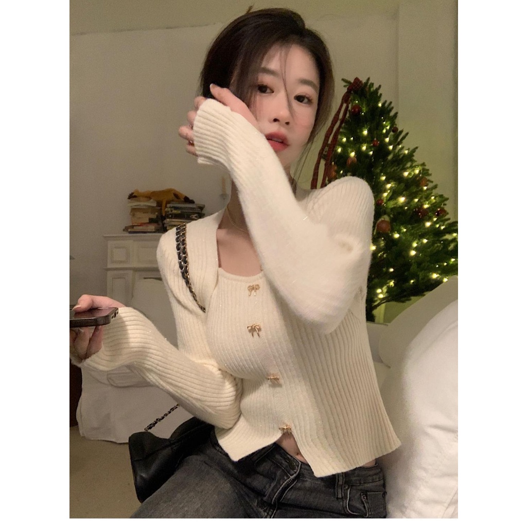 Milyfashion Áo sweater Cổ Vuông Giả Hai Lớp Thời Trang Thu Đông Phong Cách Pháp Cho Nữ