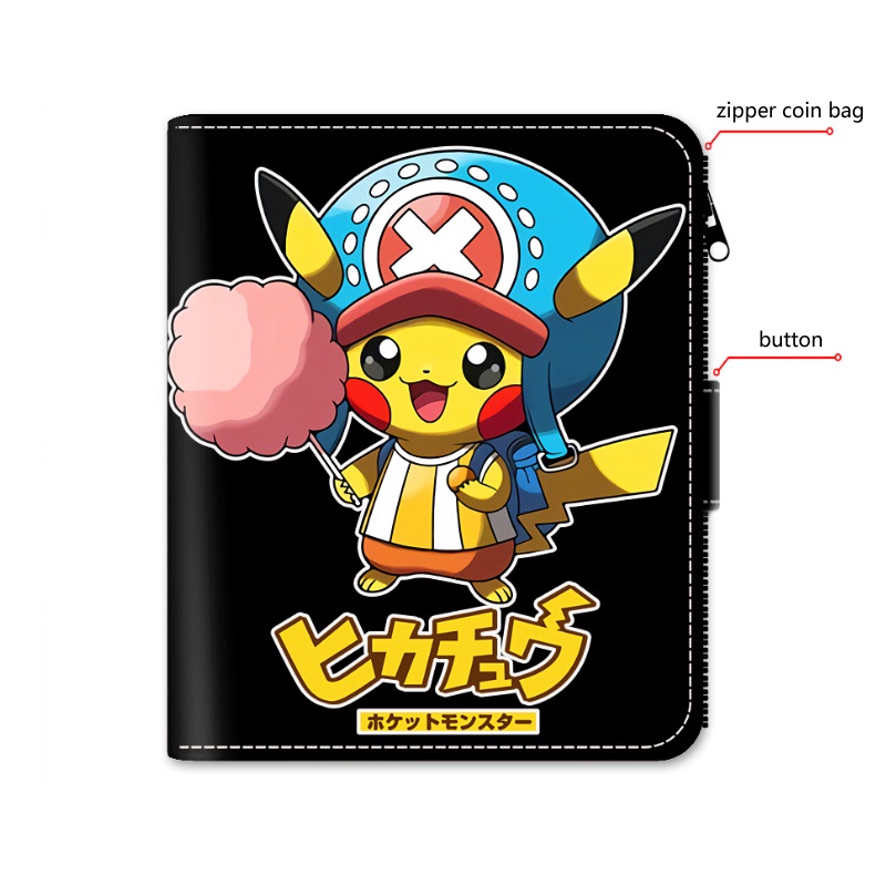 Dễ Thương Ví Da pu Ngắn Màu Đen Có Khóa Kéo In Hình pikachu Đáng Yêu