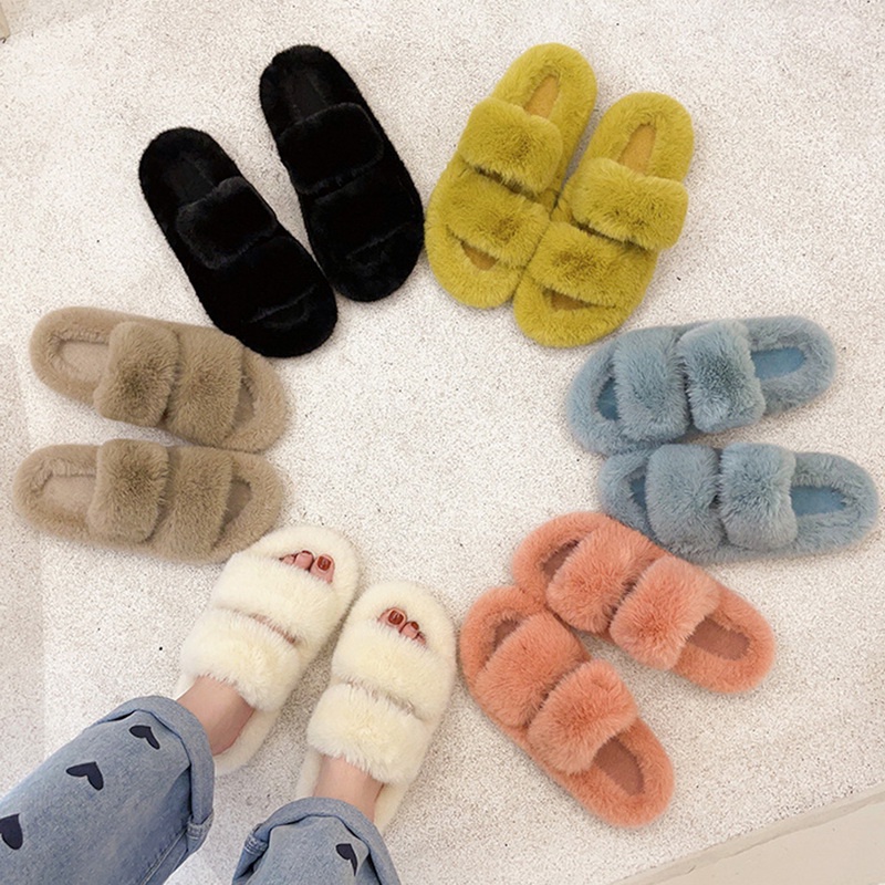 Dép Bông Quai Ngang Phủ Lông Dày Đế Cao 5cm Dễ Thương Thời Trang Mùa Thu Đông