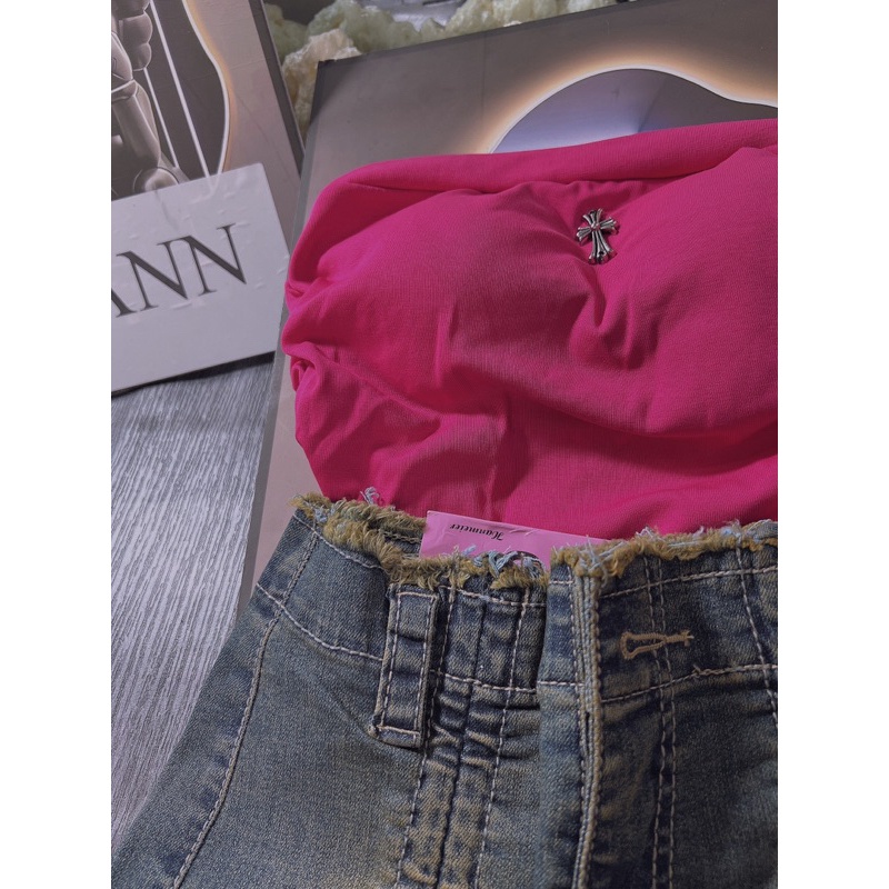 Set áo cúp chữ thập nhún sườn có mút và quần short jean co giãn xanh dơ rút dây 2 bên