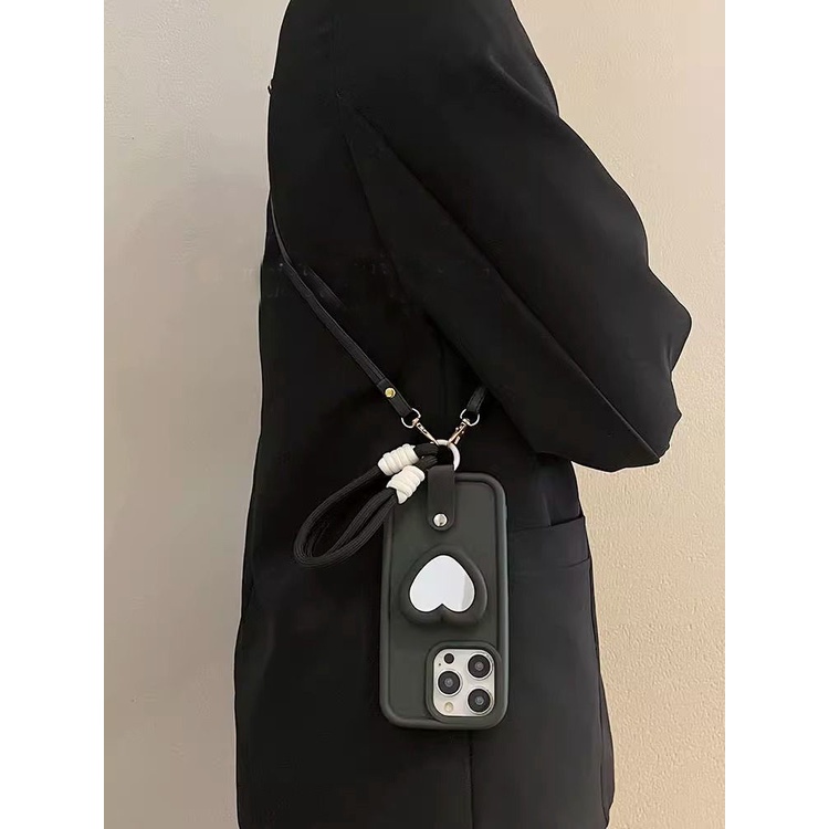 Ôp Điện Thoại Silicon Dẻo Màu Đen Kèm Gương & Dây Đeo & Dây Đeo Cho iphone 15 14 11 12 13 pro max x xr xsmax 7 8 plus Ốp