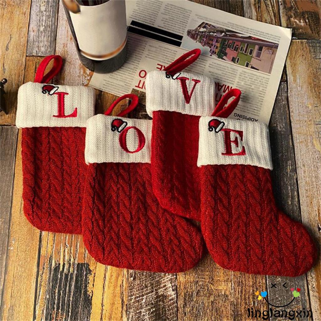 Llx- Tất Dệt Kim In Chữ Màu Đỏ Treo Trang Trí Giáng Sinh
