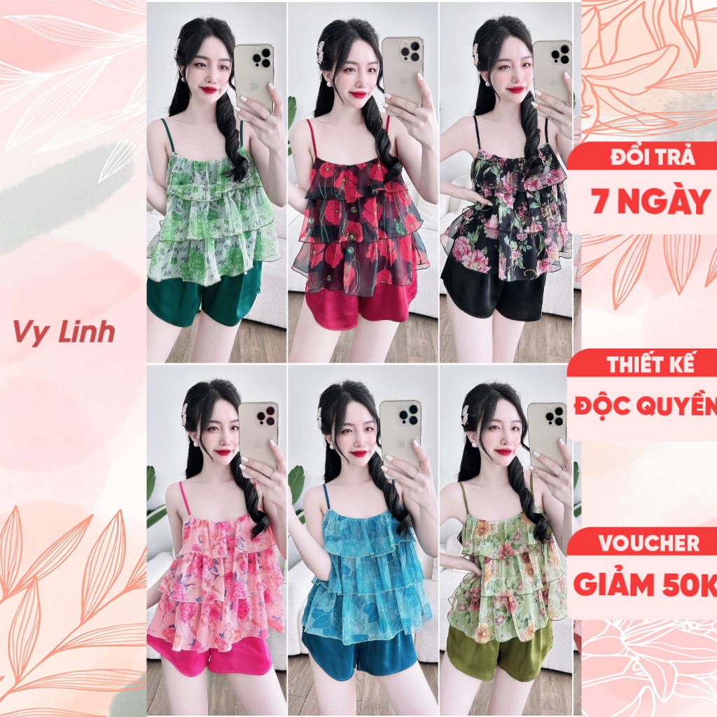Bộ đồ ngủ nữ cao cấp 2 dây quần đùi chất lụa phối latin 3 tầng mềm mịn, thoáng mát, mặc thoải mái khi ngủ s988