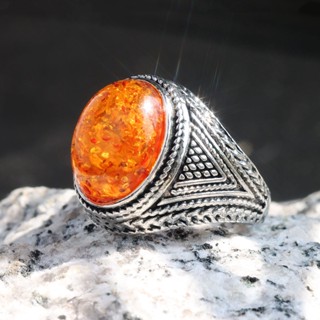 Nhẫn Thép Titan Đính Đá Hổ Phách Phong Cách retro Thời Trang Dành Cho Nam