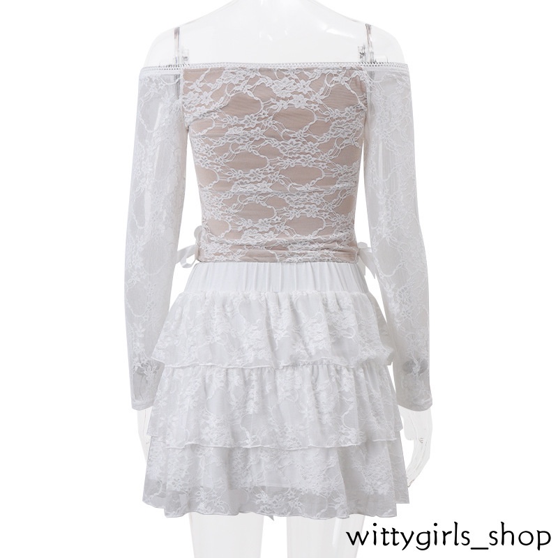 Wittygirls_ Shop |Áo Tay Dài Phối Ren + Chân Váy Thời Trang Nữ Tính