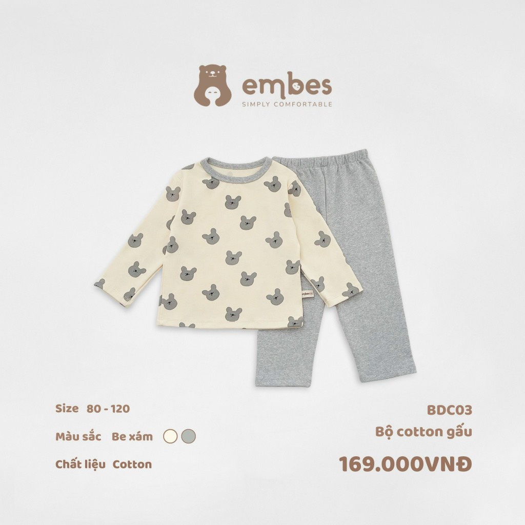 Bộ Embes dài tay cotton cho bé trai bé gái