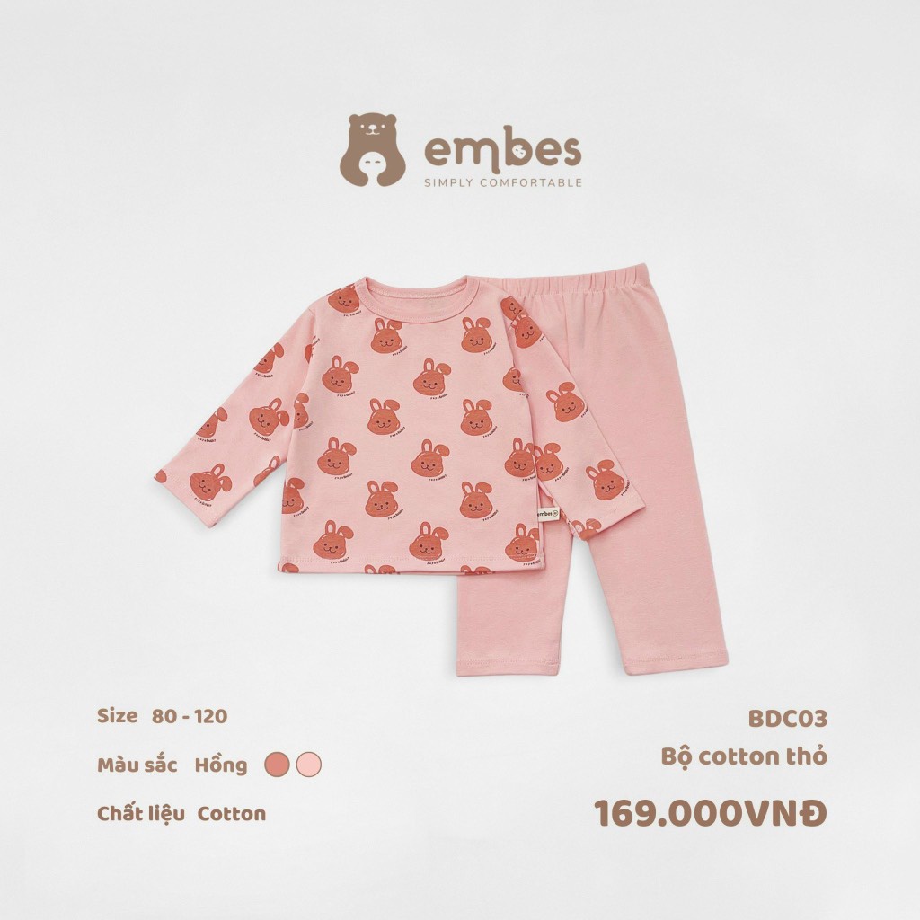 Bộ Embes dài tay cotton cho bé trai bé gái