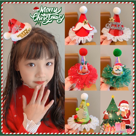 Kẹp tóc Giáng Sinh hình nón, Kẹp tóc hình Ông Già Noel , Tuần Lộc đính kim sa cho bé