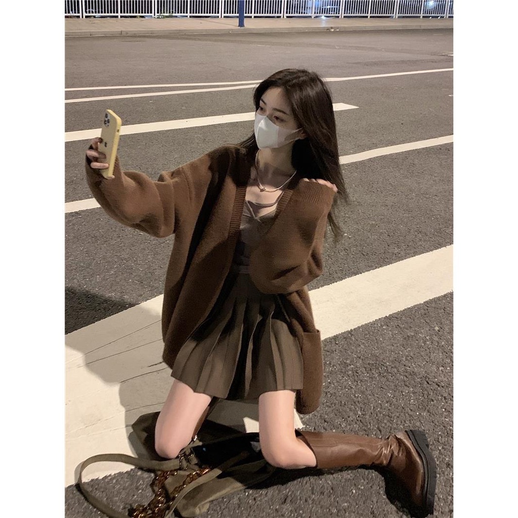 Xindahui Áo Khoác cardigan Dệt Kim Màu Cà Phê Thời Trang Thu Đông 2023 Cho Nữ