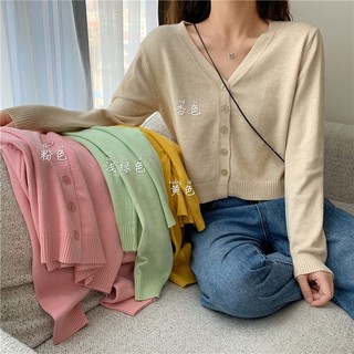 Áo len dệt kim dài tay cổ chữ V đơn giản phong cách Hàn Quốc dành cho nữ, màu trơn tươi mát