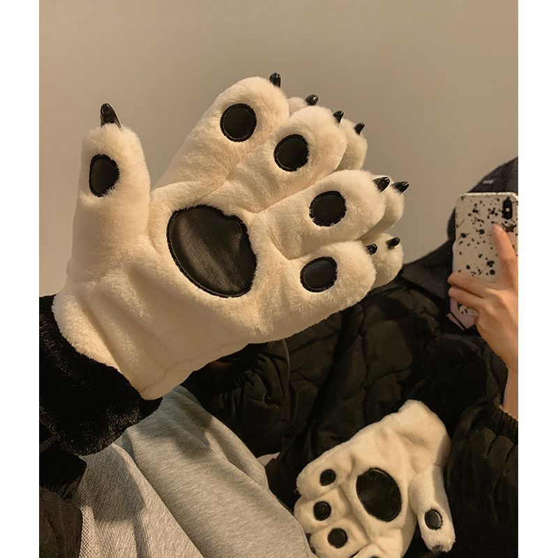Găng Tay Lông Cừu Dày Giữ Ấm Mùa Đông Hình Chân Gấu Nhỏ Cho Cặp Đôi Đi Xe Đạp