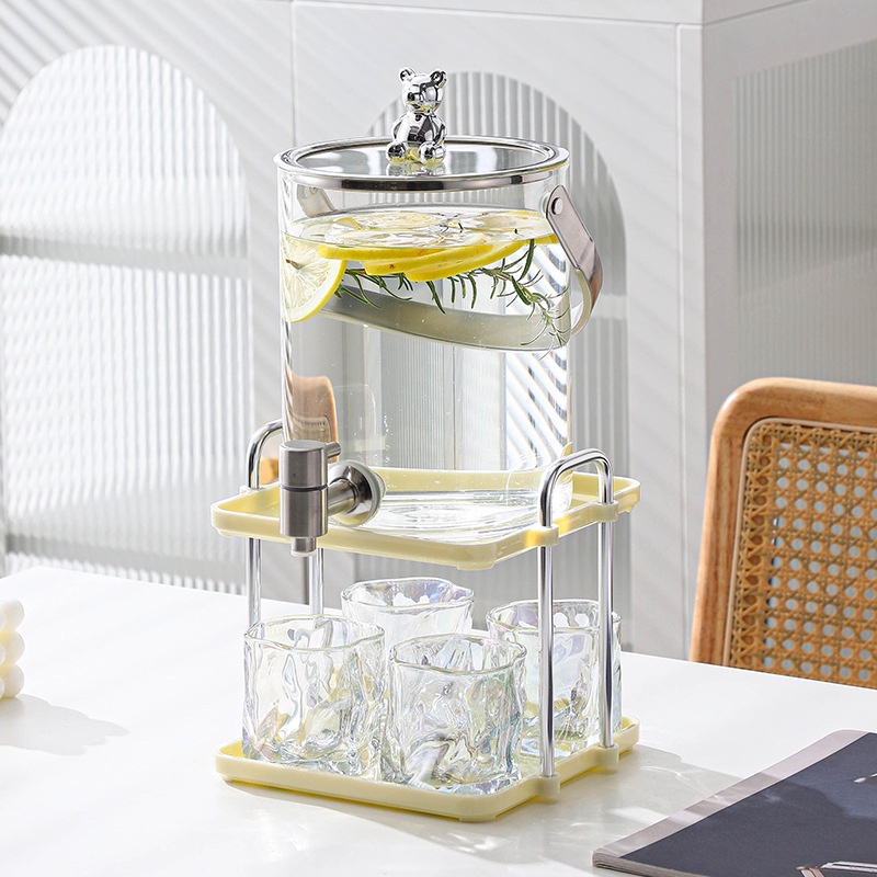 (SẴN) Bộ bình cốc thủy tinh chịu nhiệt 3,5L có Kệ đựng và Cốc uống nước, Bình uống nước và 4 ly nước