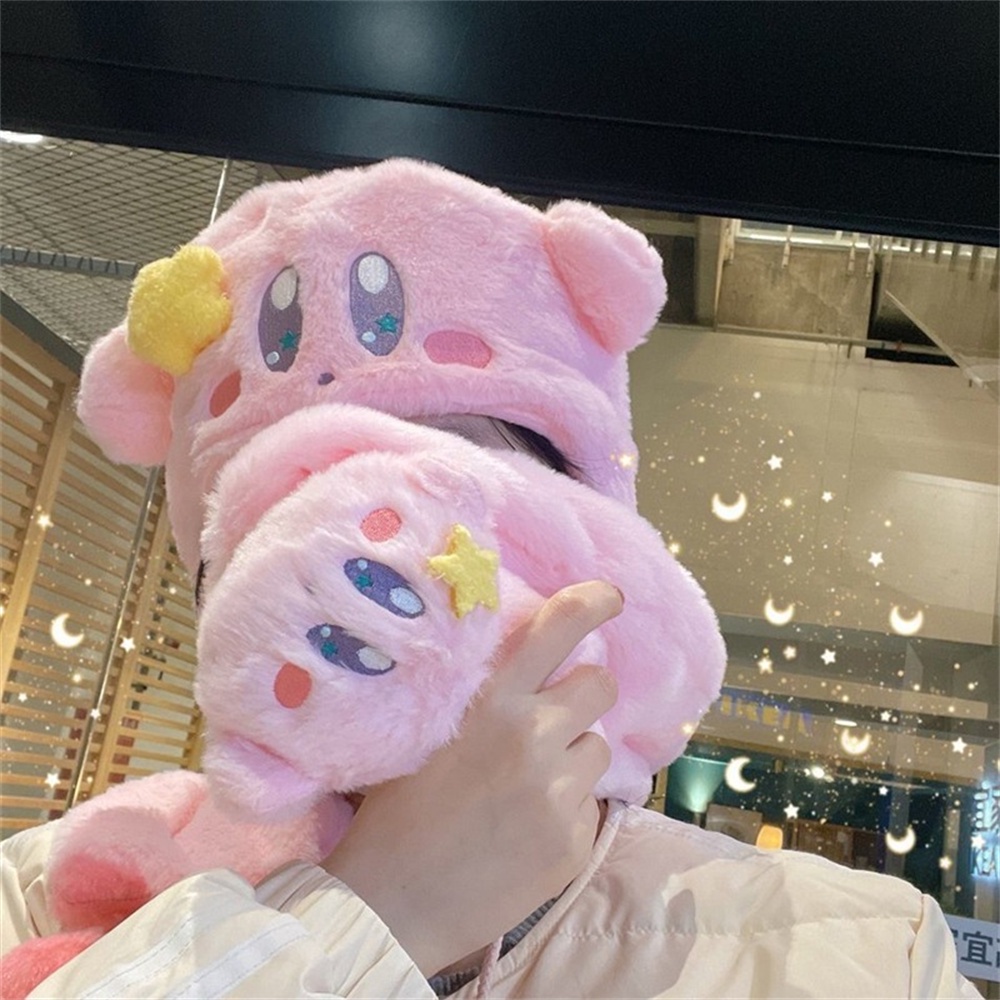 Dễ Thương Kirby Nữ Mũ Hồng Lông Ấm Găng Tay Có Mũ Khăn Quàng Cổ Sinh Viên Mềm Mại Cô Gái Tặng-top3C01
