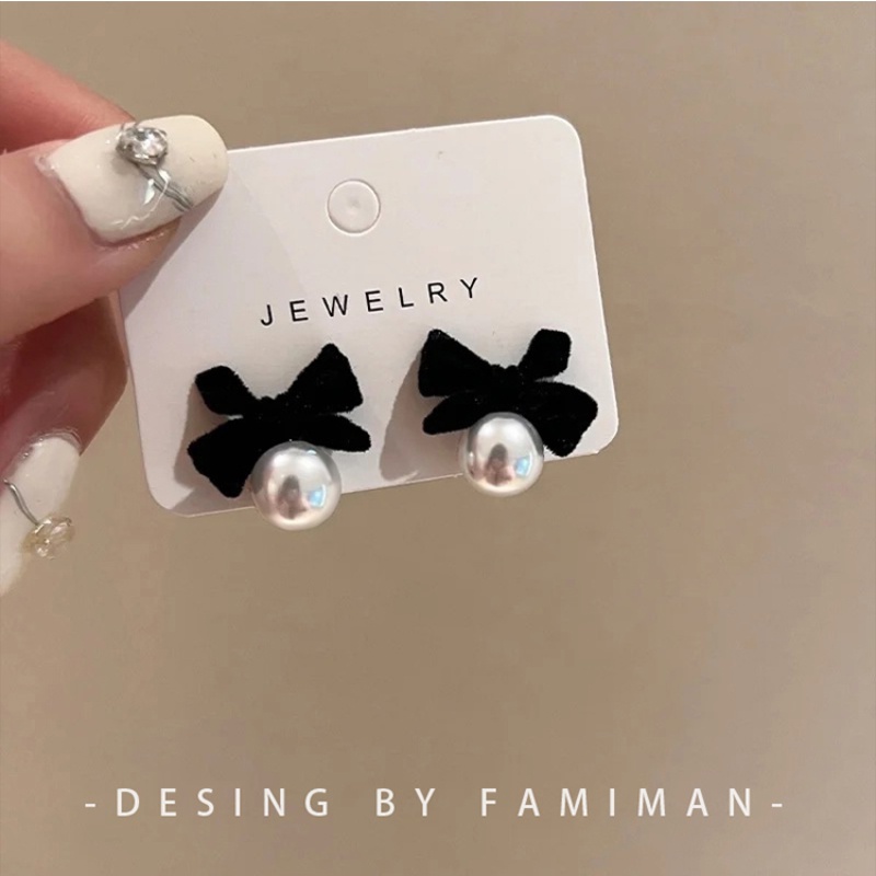 Thời Trang Khuyên Tai Nơ Nhung Đính Hạt Giả Ngọc Trai Phong Cách Hàn Quốc