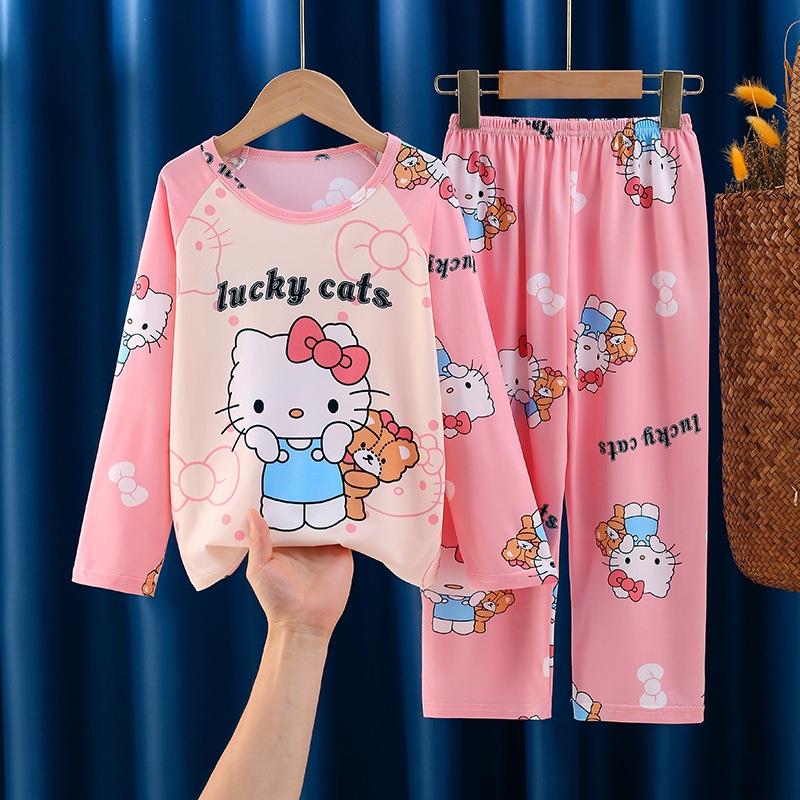 Hello kitty Bộ Đồ Ngủ 2 Món Gồm Áo Tay Dài + Quần Dài In Họa Tiết Hoạt Hình Cho Bé Trai / Gái