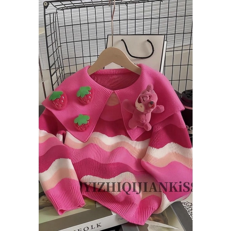 Set Áo Len cotton Ba Chiều + Mặt Dây Chuyền Hình Gấu / Dâu Tây Hoạt Hình Dễ Thương Cho Bé Gái