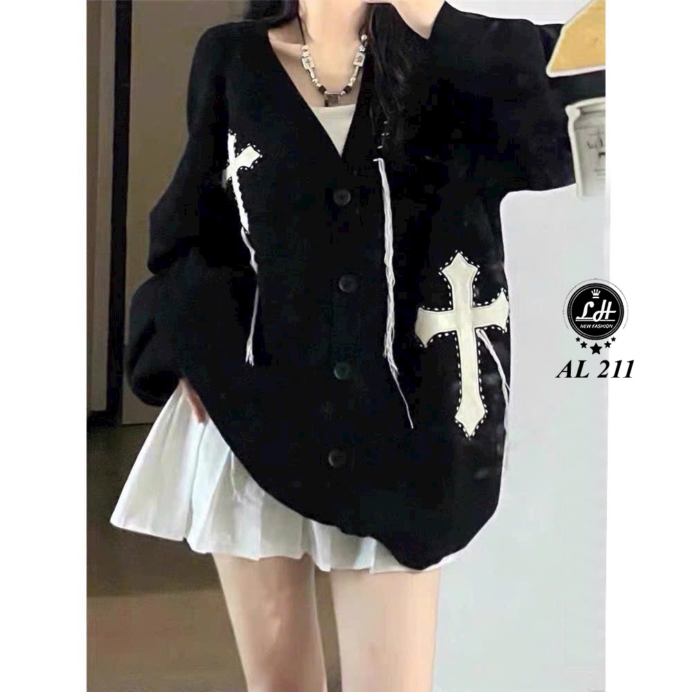 Áo Khoác Len Tay Dài Dáng Rộng, Áo Cardigan Họa Tiết Chữ Thập Siêu Xinh Lê Huy Fashion MS AL 211