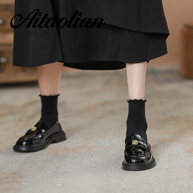 Giày Cao Gót 3.5cm Chất Liệu Da Đế Bằng Mũi Tròn Phong Cách mary jane retro Cho Nữ