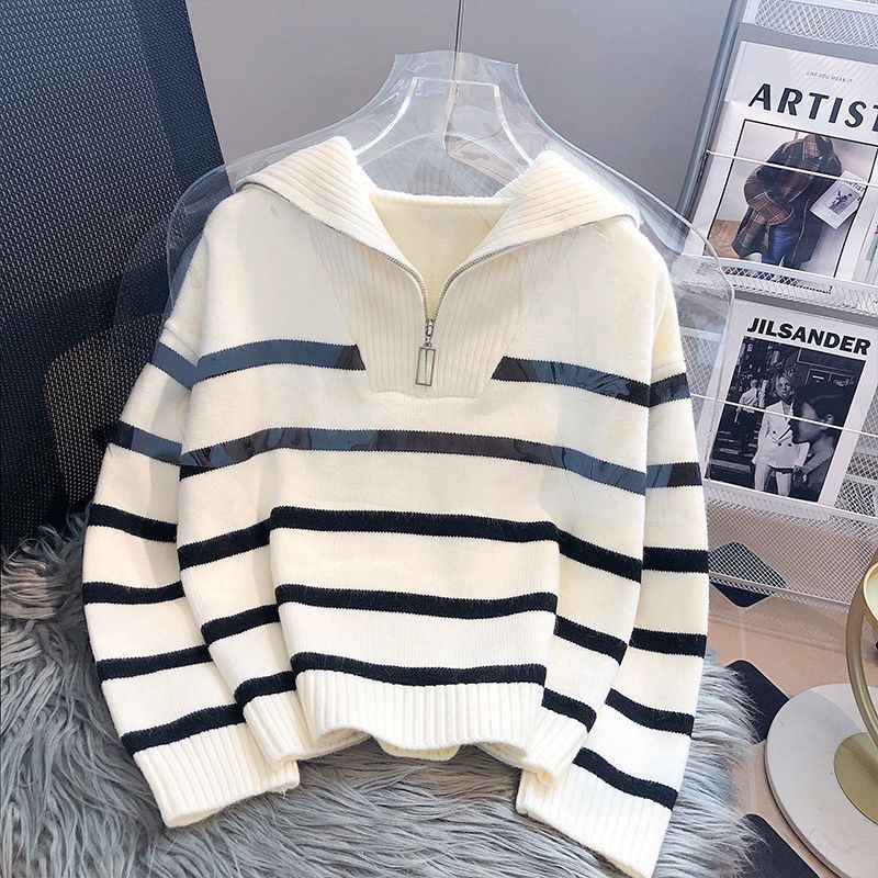 Áo sweater Dệt Kim Tay Dài Kẻ Sọc Dày Dặn Phối Khóa Kéo Phong Cách Hàn Quốc Cho Nữ