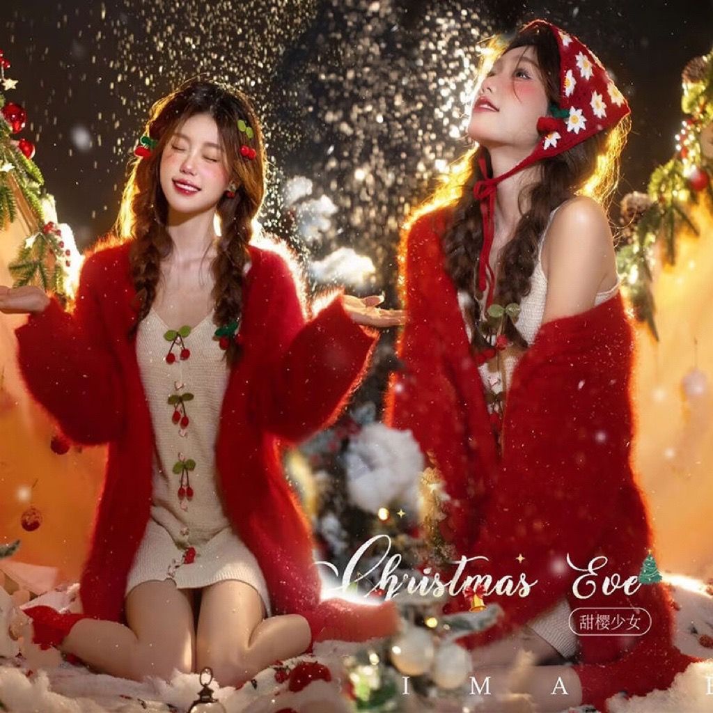 Áo Khoác cardigan Dệt Kim Màu Đỏ Phong Cách Giáng Sinh Thu Đông Mới Làm Phụ Kiện Chụp Ảnh Cho Bé Gái