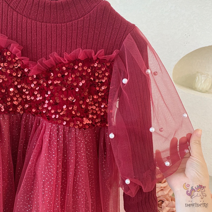 Đầm Công Chúa Phối Lưới Đính Kim Sa Và Ngọc Trai Phong Cách Hàn Quốc Cho Bé Gái