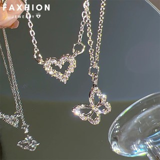 Faxhion Tinh Tế Bướm Trái Tim Mặt Dây Chuyền Vòng Cổ Zircon Pha Lê Bạc Dây Chuyền Dây Chuyền Cho Nữ Phụ Kiện Trang Sức