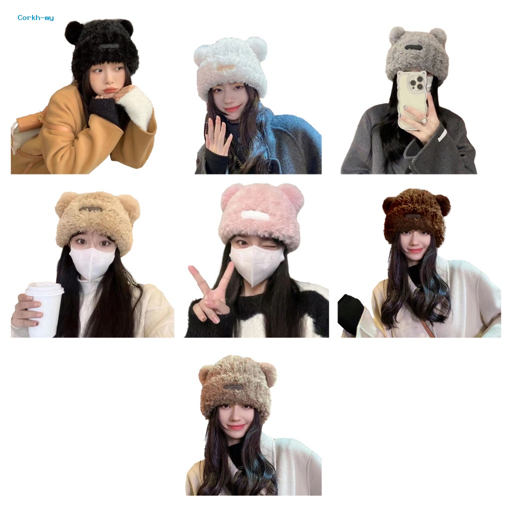 Mũ beanie Màu Trơn Đính Tai Gấu Hoạt Hình Bằng Vải Bông Mềm Mại Ấm Áp Thời Trang Mùa Đông Cho Nữ