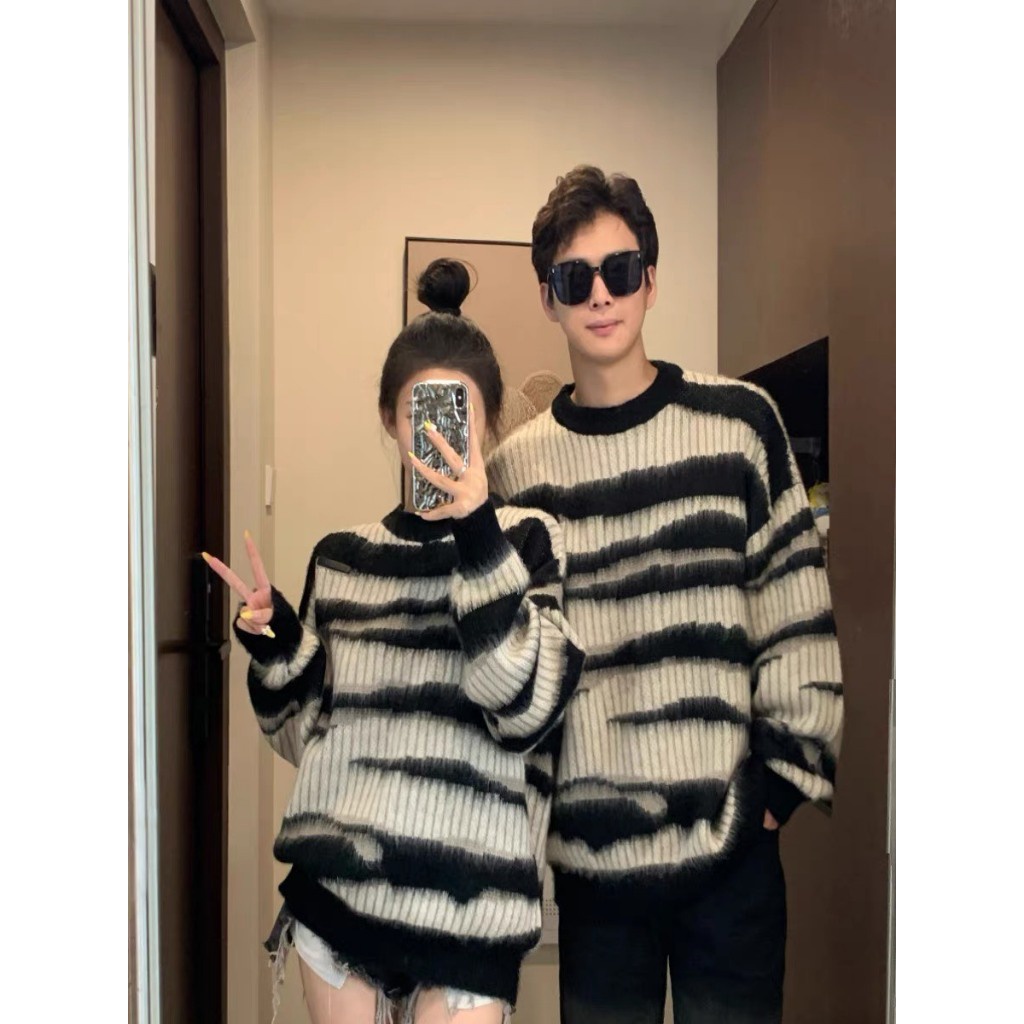 Áo len lông loang vằn báo vằn phủ lớp lông thỏ áo đôi sweater nam nữ unisex hàng Quảng Châu A139