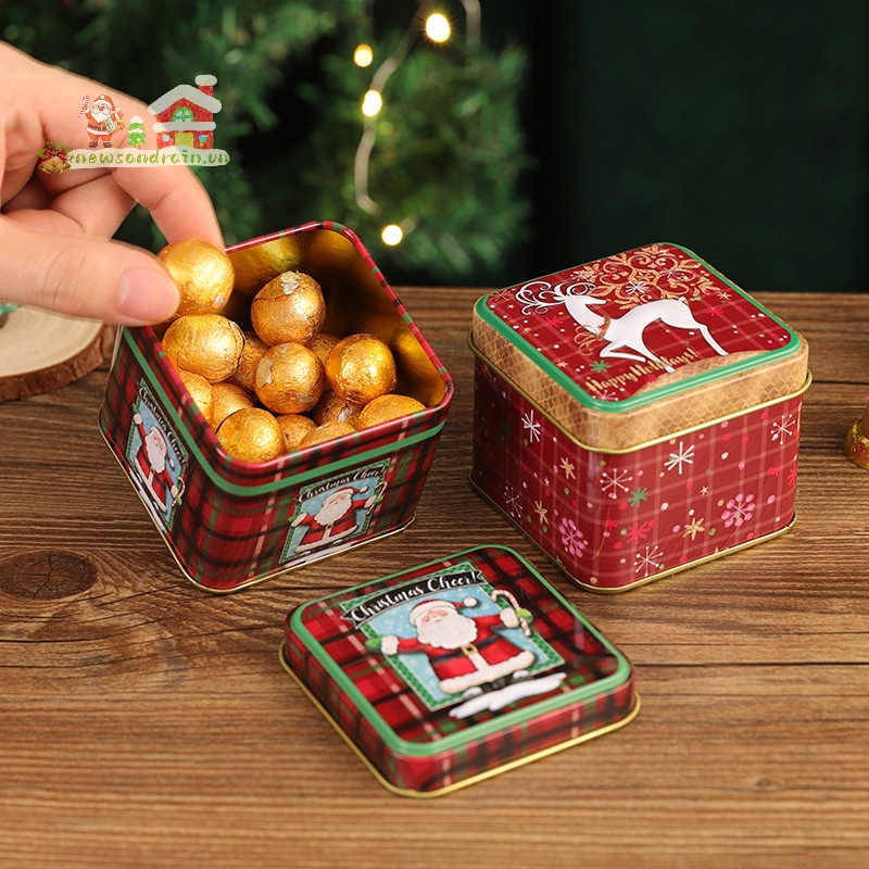 Newandrain Hộp Kim Loại Đựng Bánh Kẹo Hình Vuông Phong Cách Giáng Sinh