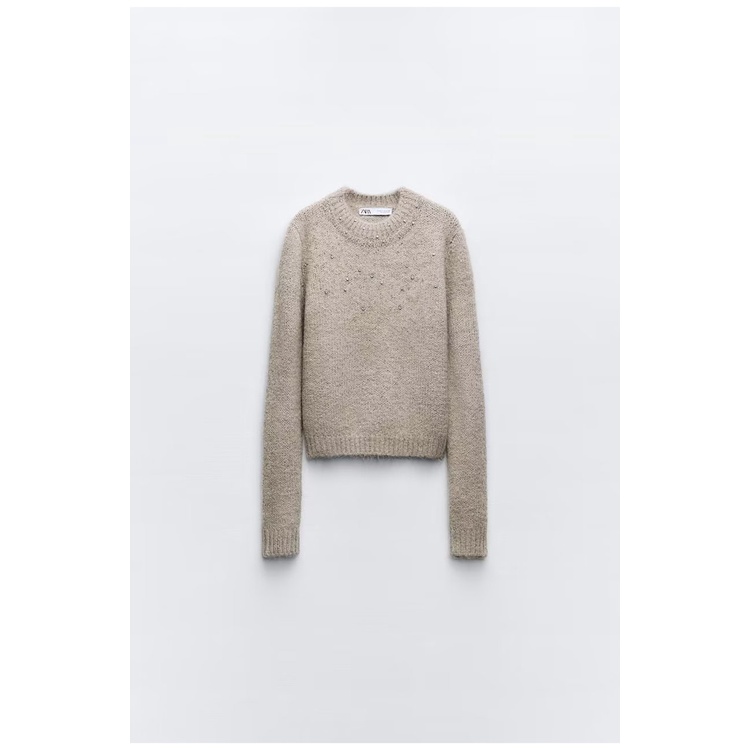 Zara Áo sweater Dệt Kim Tay Dài Đính Đá Thời Trang Thu Đông Cá Tính 9598298