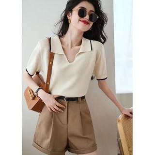 Áo Thun polo Dệt Kim Ngắn Tay Cổ Chữ v Thời Trang Mùa Hè Phong Cách Pháp Hàng Mới Dành Cho Bạn Nữ y04l
