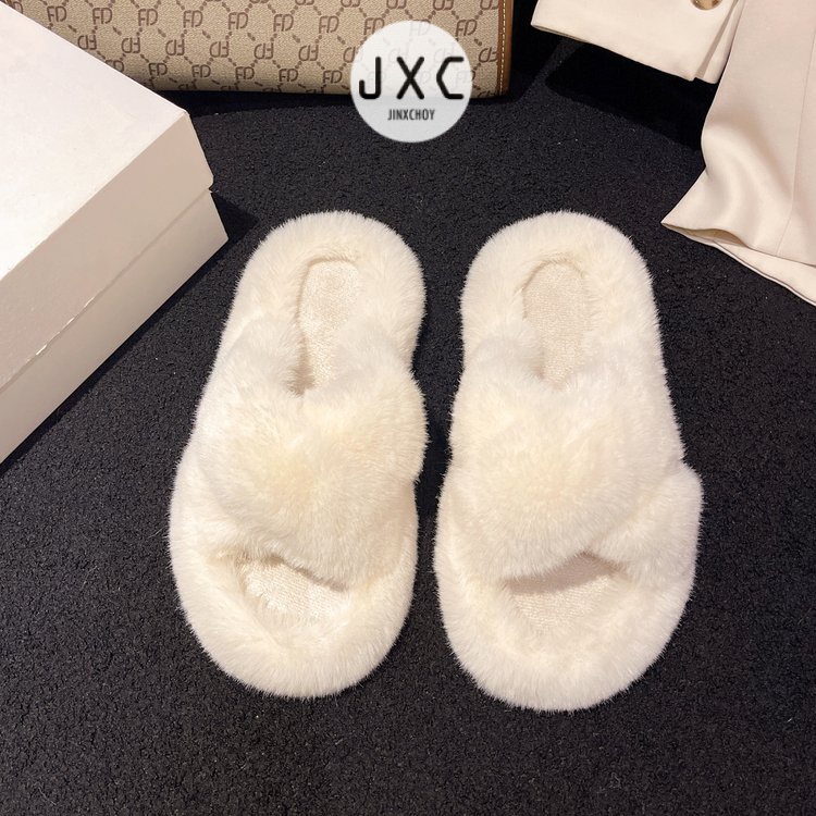 JINxCHOYDép Lông Xù Mũi Tròn Quai Chéo Màu Trơn Dễ Thương Hợp Thời Trang Hè