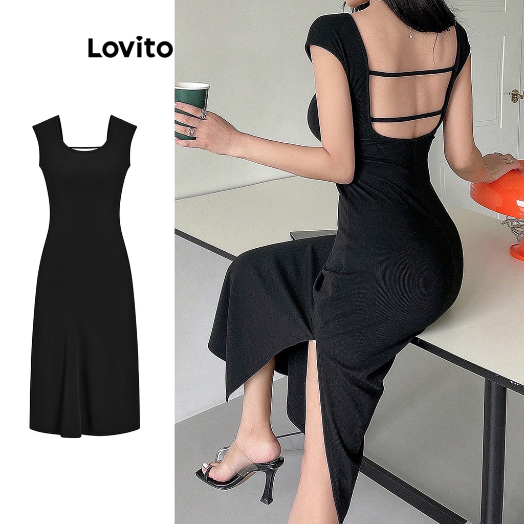 Lovito Váy hở lưng trơn đơn giản dành cho nữ L68ED173 (Đen)