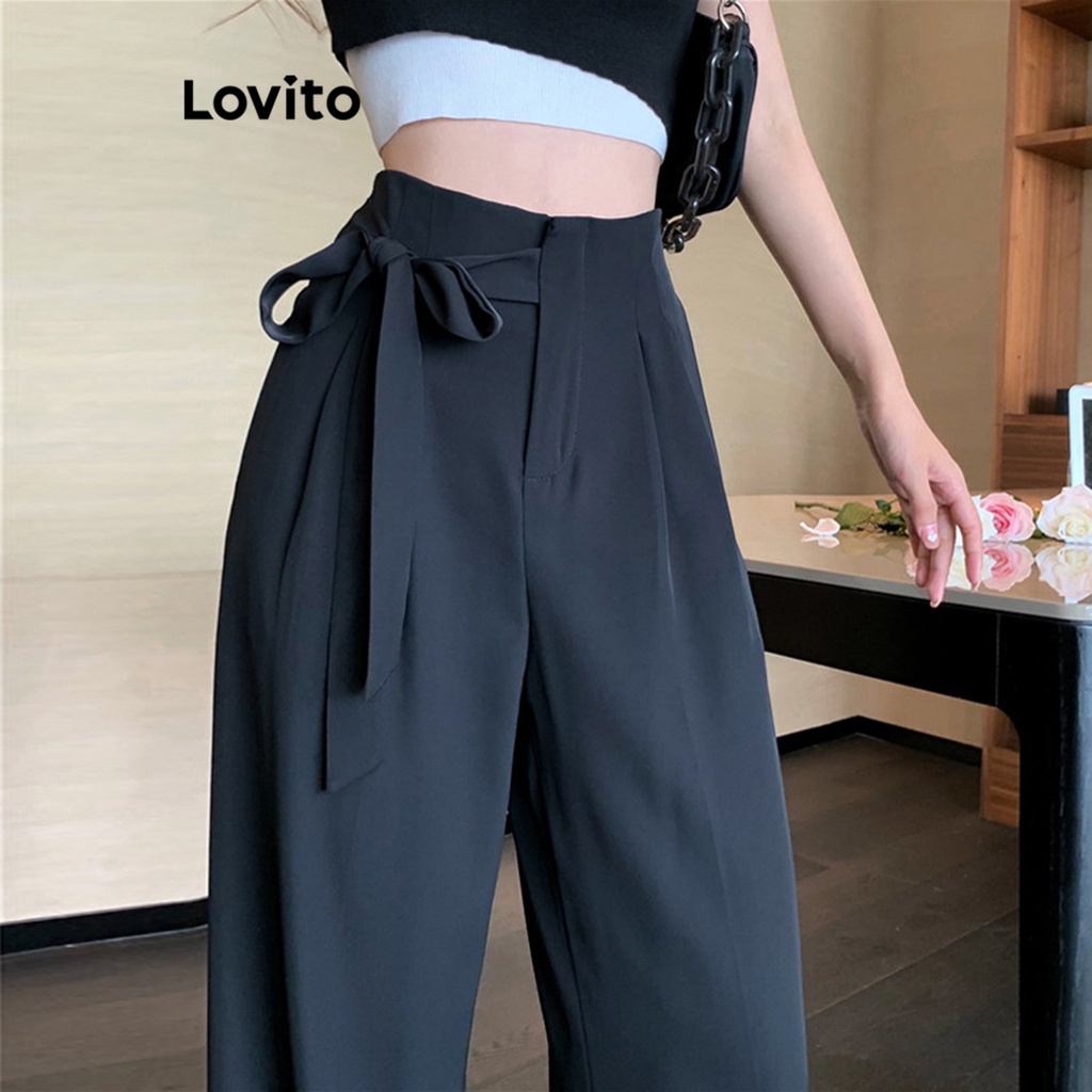 Lovito Quần cơ bản ống rộng trơn đơn giản cho nữ LNA24191 (Trắng đen)
