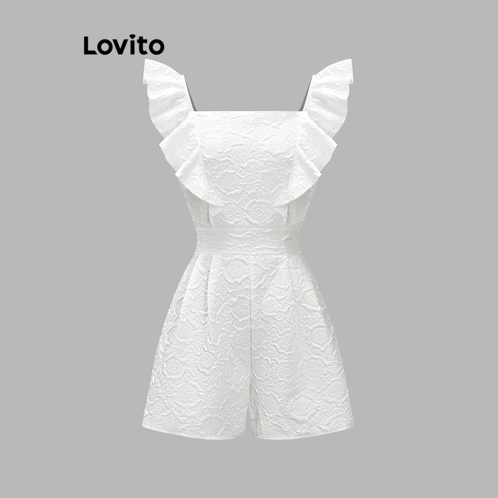 Lovito Bộ áo liền quần Jacquard Ruffle trơn phong cách Boho cho nữ L71ED207 