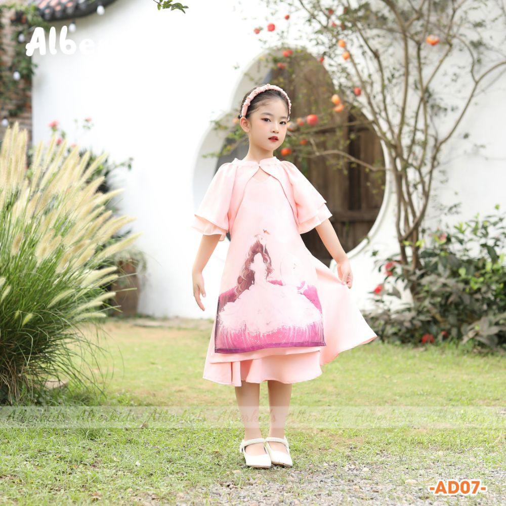Áo dài bé gái ALBERKIDS in họa tiết cô gái cho trẻ em 3,4,5,6,7,8,9,10,11,12 tuổi AD07
